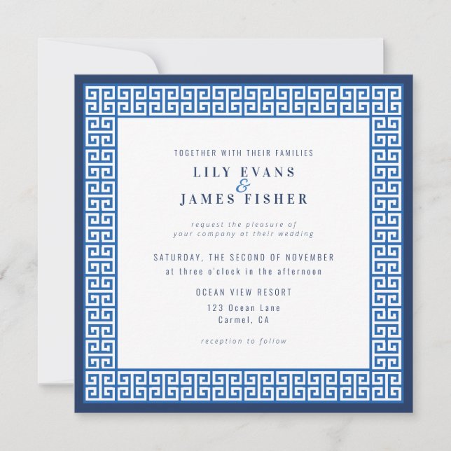 Mediterranean Blue Greek Key Wedding Invitation (Front)