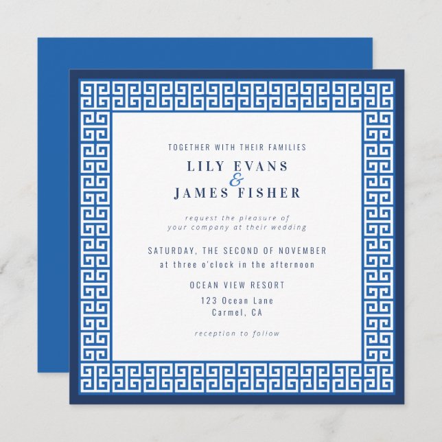 Mediterranean Blue Greek Key Wedding Invitation (Front/Back)