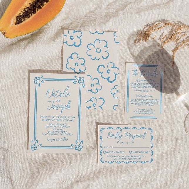 Mediterranean Blue Handwritten Drawn Italy Wedding Invitation (Creator Uploaded)