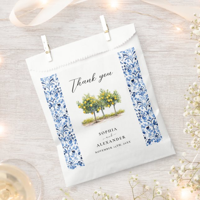 Mediterranean Blue Italian Tiles Lemon Wedding  Favour Bag (Clipped)