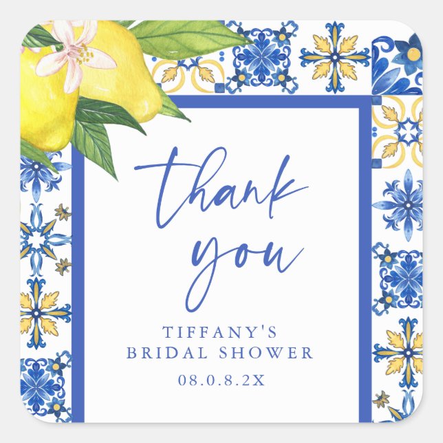 Mediterranean Blue Lemons Bridal Shower Thank You Square Sticker (Front)