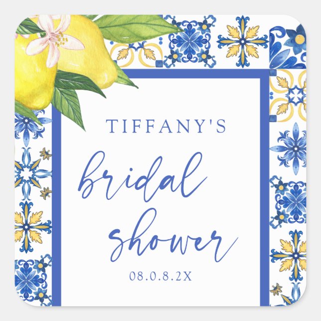 Mediterranean Blue Lemons Bridal Shower Thank You Square Sticker (Front)