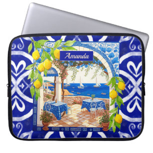 Mediterranean Blue Majolica Citrus Tile Pattern Laptop Sleeve