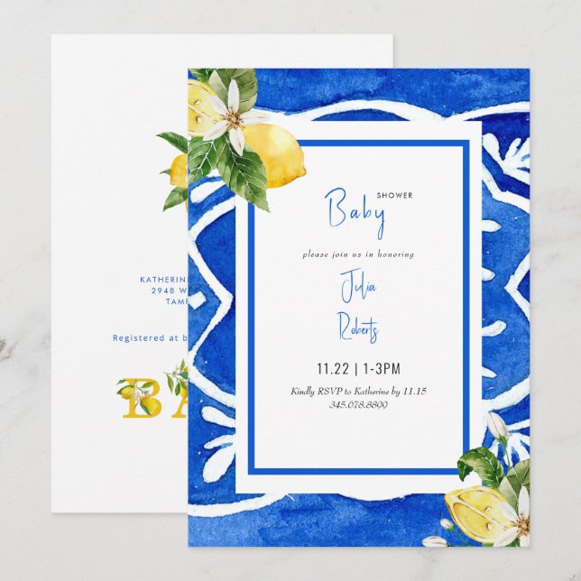 Mediterranean Blue Modern Colourful Baby Shower In Invitation (Front/Back)