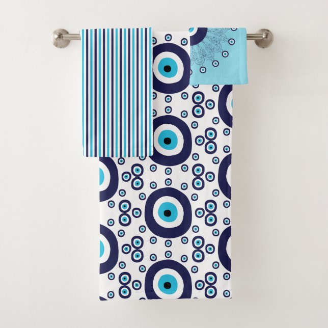 Mediterranean Blue Nazar Evil Eye Mandala Circles Bath Towel Set (Insitu)