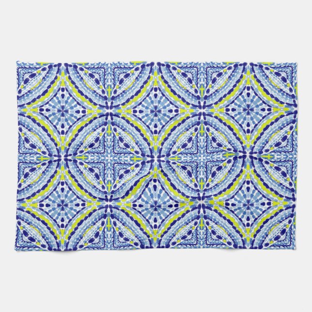Mediterranean Blue Neon Mosaic-Hand-Painted Kitchen Towel (Horizontal)