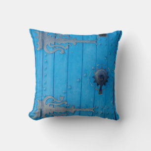 Mediterranean Blue Old Wooden Door Striped Tunisia Throw Pillow
