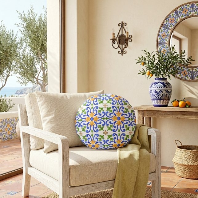 Mediterranean Blue Orange Green Spanish Pattern Round Pillow (Creator Uploaded)