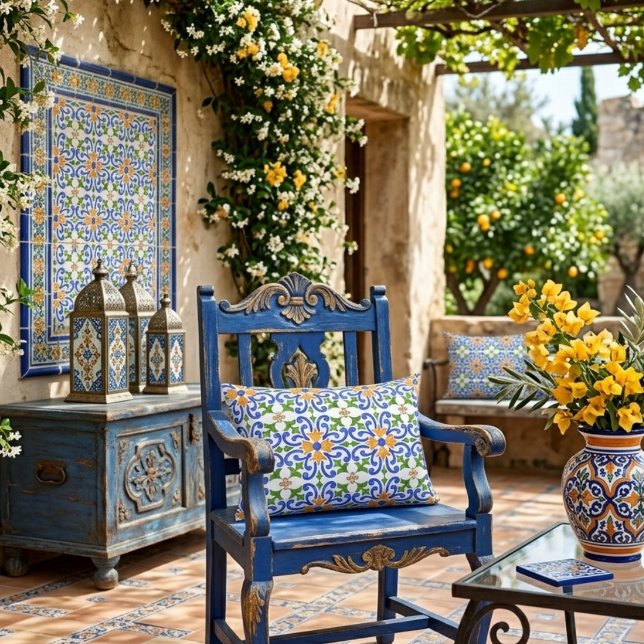 Mediterranean Blue Orange Green Spanish Tile Accent Pillow (Creator Uploaded)