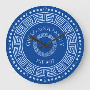 Mediterranean  Blue Round Greek Key Custom Name Large Clock