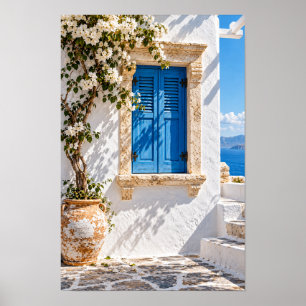 Mediterranean Blue Shutters and White Bougainville Poster