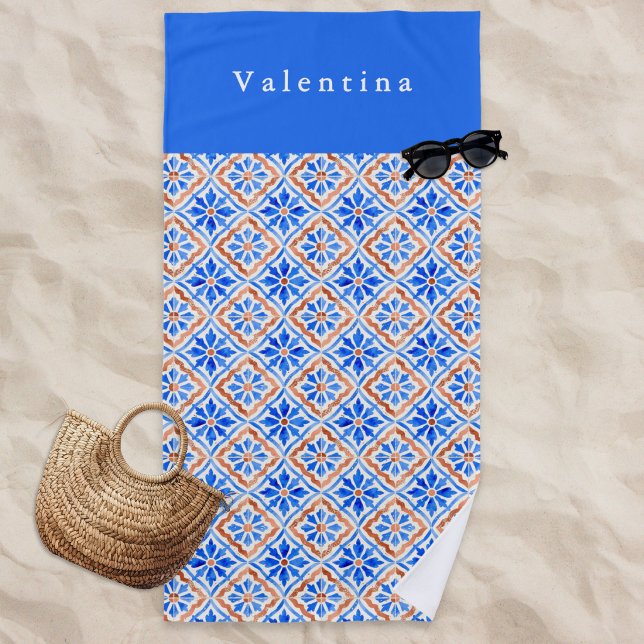 Mediterranean Blue Terracotta Tile Pattern Custom Beach Towel (A personalized beach towel with blue, soft white and terracotta tile design in a Mediterranean style)