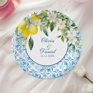 Mediterranean Blue Tile and Lemon Wedding Paper Plate