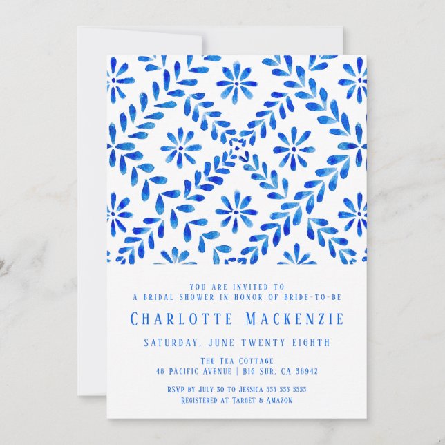Mediterranean Blue Tile Beach Summer Bridal Shower Invitation (Front)