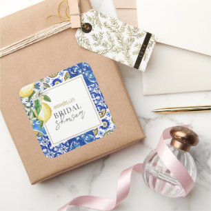 Mediterranean Blue Tile Citrus Lemon Bridal Shower Square Sticker