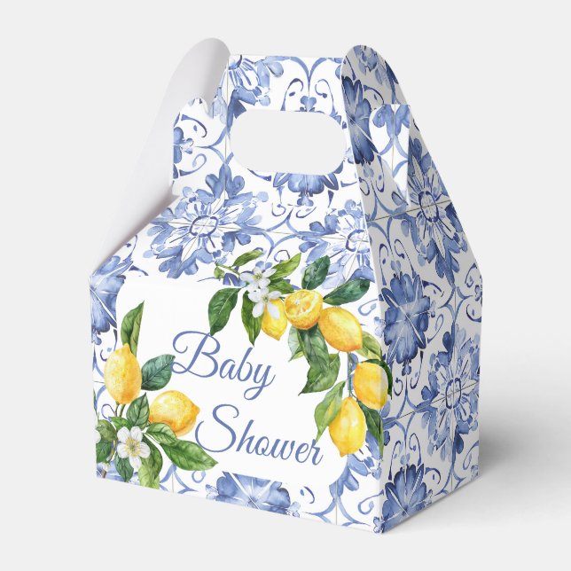 Mediterranean Blue Tile Lemon Baby Shower  Favor Box (Front Side)