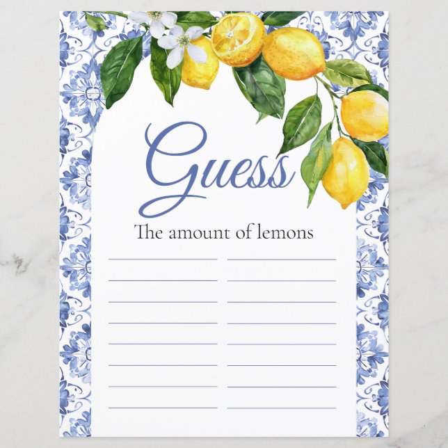 Mediterranean Blue Tile Lemon Baby Shower Guess (Front)