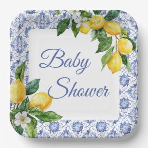 Mediterranean Blue Tile Lemon Baby Shower Paper Plate