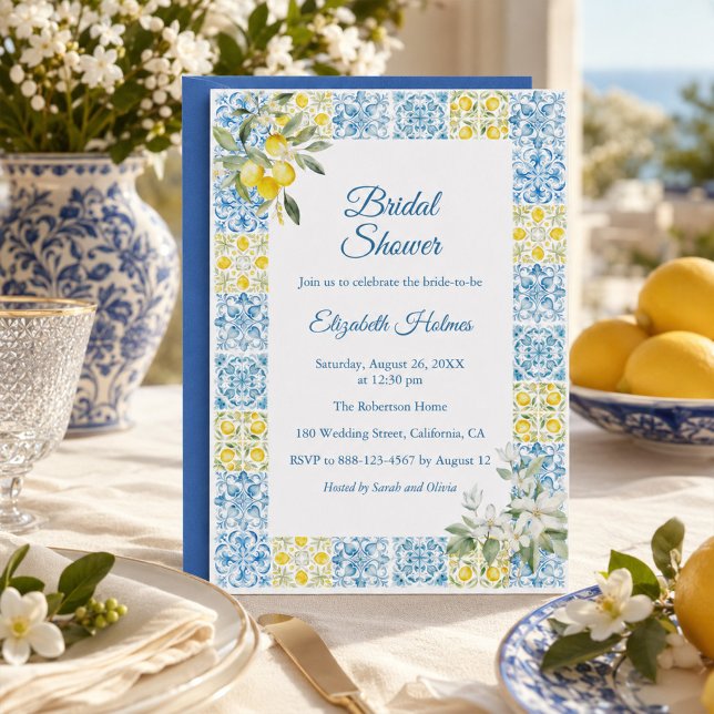 Mediterranean Blue Tile Lemon Bridal Shower  Invitation (Mediterranean Blue Tile Lemon Bridal Shower Invitation
)