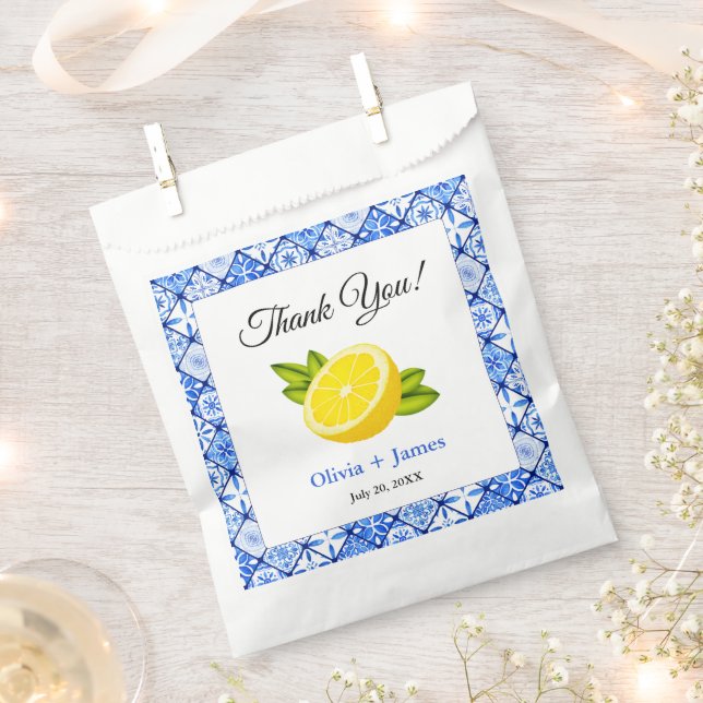 Mediterranean Blue Tile Lemon Thank You Wedding Favour Bag (Clipped)