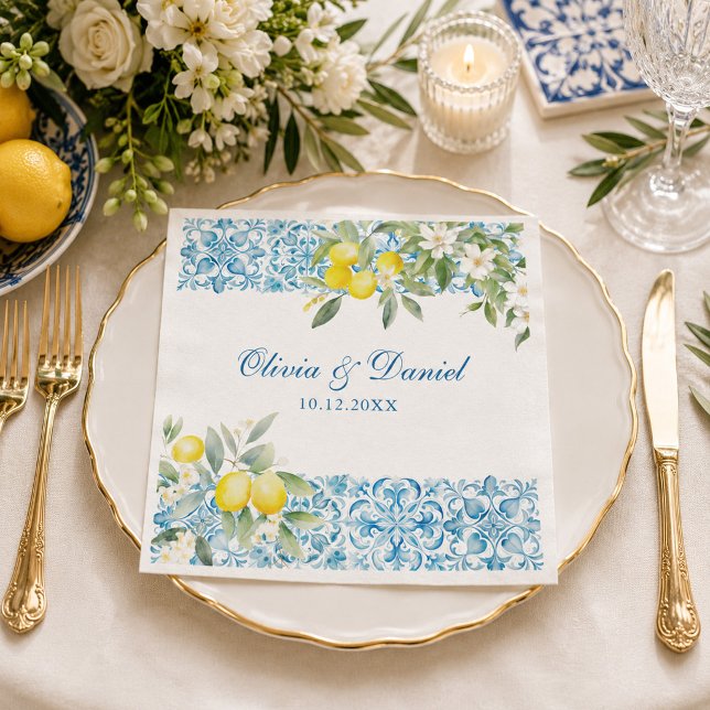 Mediterranean Blue Tile & Lemon Wedding Napkin (Mediterranean Blue Tile & Lemon Wedding Napkin on an elegant mediterranean wedding dinner table)