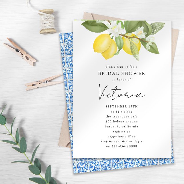 Mediterranean Blue Tile Lemons Bridal Shower Invitation (Creator Uploaded)
