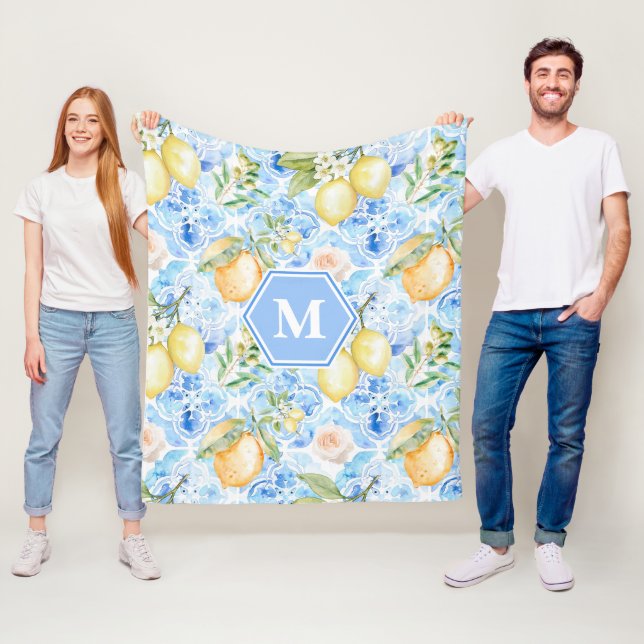 Mediterranean Blue Tile Limoncello Monogram Name Fleece Blanket (In Situ)