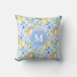 Mediterranean Blue Tile Limoncello Monogram Name Throw Pillow