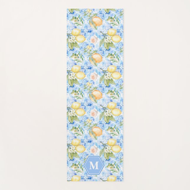 Mediterranean Blue Tile Limoncello Monogram Name Yoga Mat (Front)