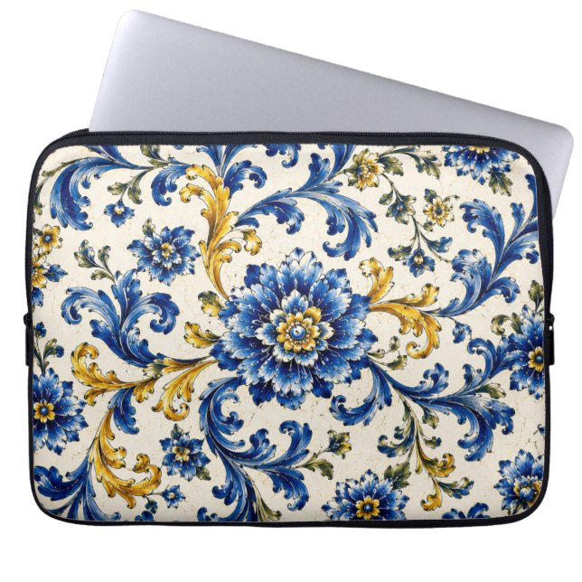 Mediterranean Blue Tile Pattern | Italian Ceramic  Laptop Sleeve (Front)