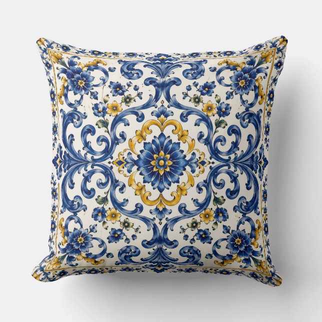 Mediterranean Blue Tile Pattern | Italian Ceramic  Throw Pillow (Front)