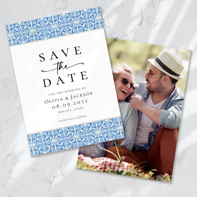 Mediterranean Blue Tile Script Photo Wedding Save The Date (Creator Uploaded)