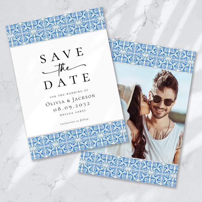 Mediterranean Blue Tile Script Photo Wedding Save The Date (Creator Uploaded)
