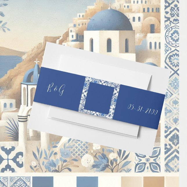 Mediterranean Blue Tile Wedding  Invitation Belly Band (Creator Uploaded)
