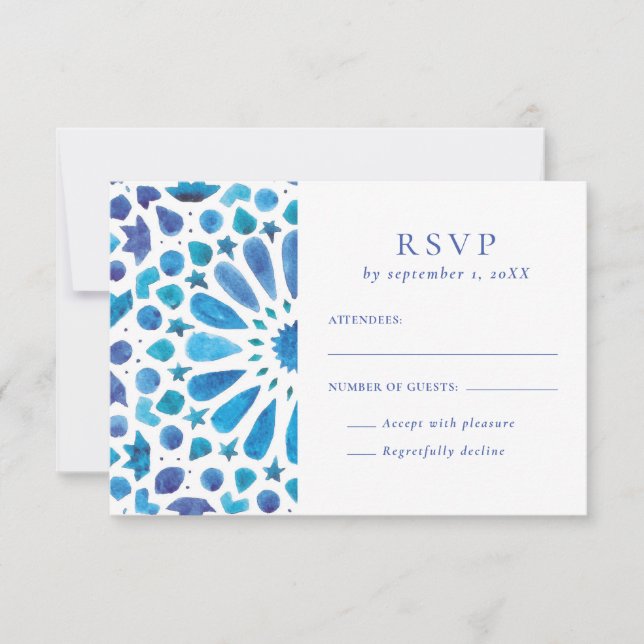 Mediterranean Blue Tile Wedding RSVP Card (Front)