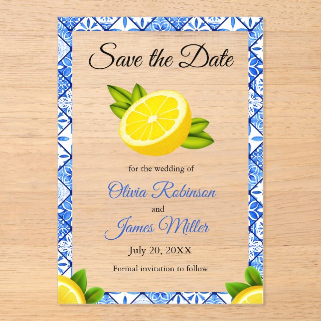 Mediterranean Blue Tile Wedding Save the Date Acrylic Invitations (Front)