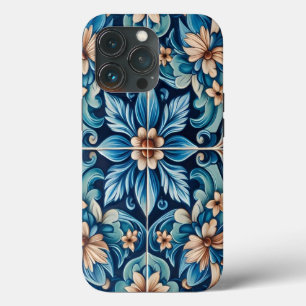 Mediterranean Blue Tile with Flower Pattern iPhone 13 Pro Case