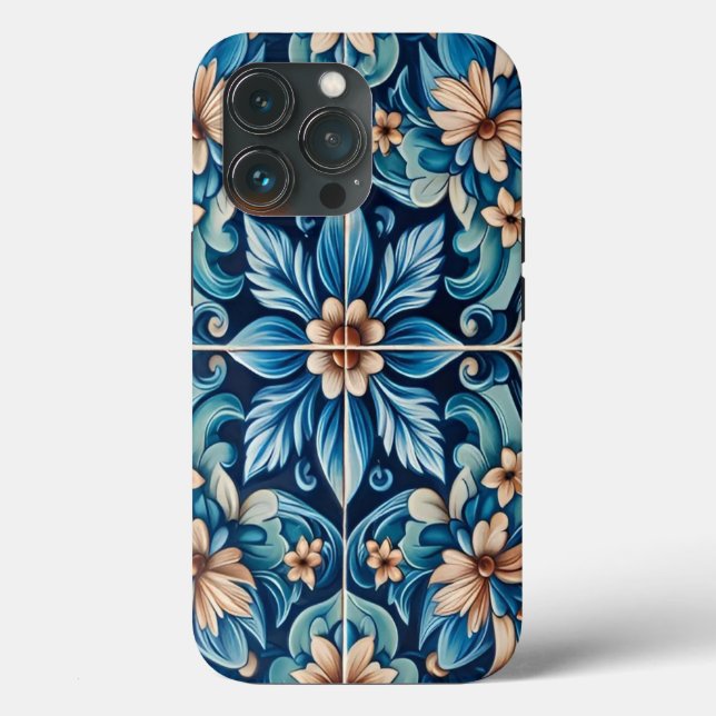 Mediterranean Blue Tile with Flower Pattern Case-Mate iPhone Case (Back)