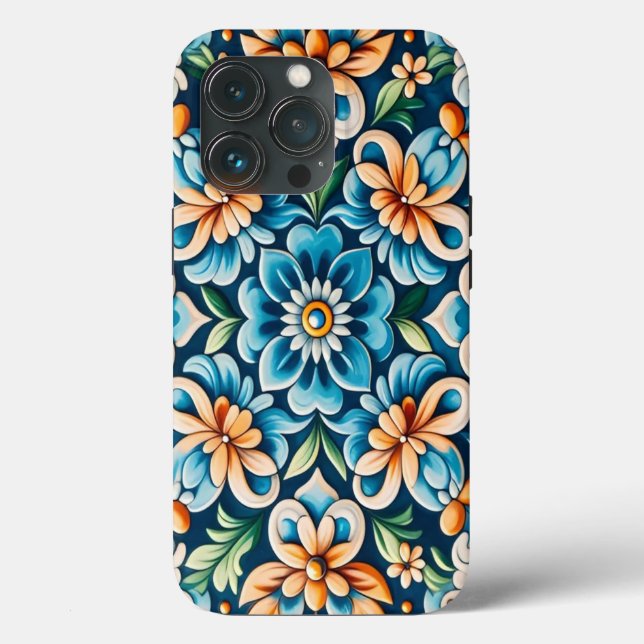 Mediterranean Blue Tile with Flower Pattern Case-Mate iPhone Case (Back)