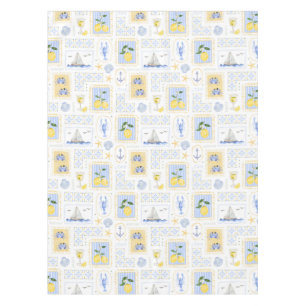 Mediterranean Blue Tile Yellow Lemon Coastal Tablecloth