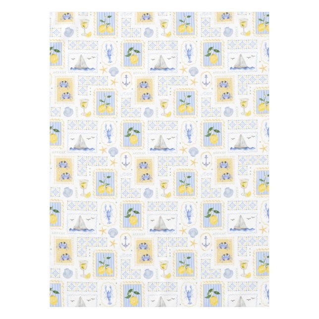 Mediterranean Blue Tile Yellow Lemon Coastal Tablecloth (Front)