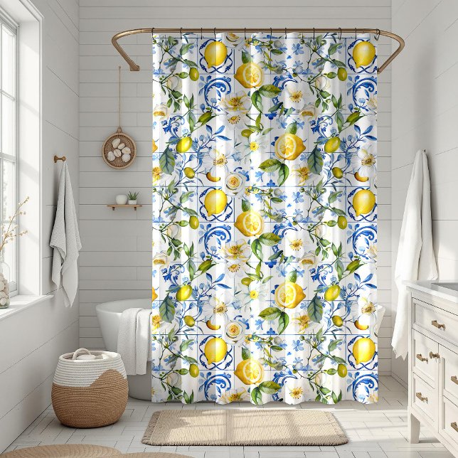 Mediterranean Blue Tiles and Lemon (Mediterranean Blue Tiles and Lemon Shower Curtain in a white boho bathroom)