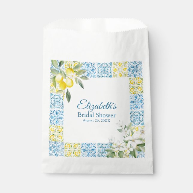 Mediterranean Blue Tiles and Lemons Bridal Shower Favour Bag (Front)