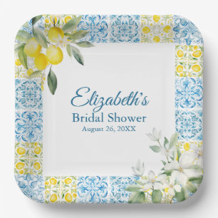 Mediterranean Blue Tiles and Lemons Bridal Shower Paper Plate
