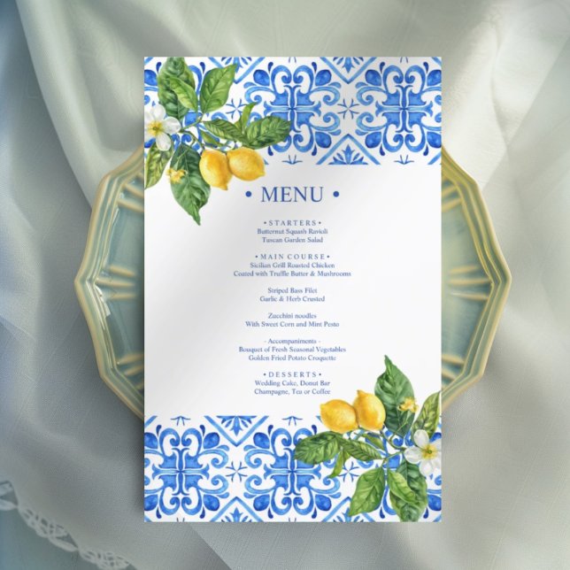 Mediterranean blue tiles and lemons wedding menu  (Creator Uploaded)