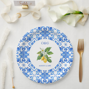 Mediterranean blue tiles and lemons wedding  paper plate