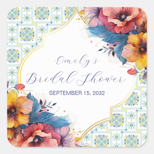 Mediterranean Blue Tiles Floral Bridal Shower Square Sticker (Front)