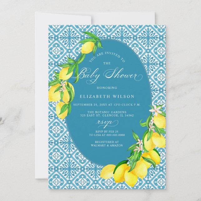 Mediterranean Blue Tiles Lemon Baby Shower Invitation (Front)