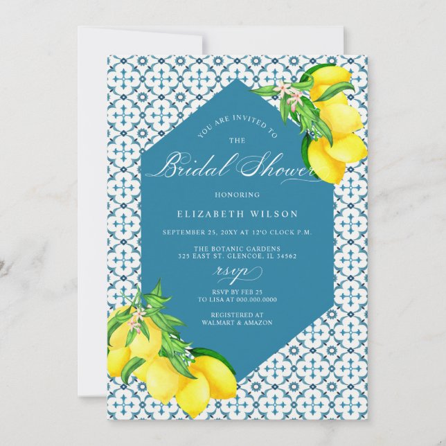 Mediterranean Blue Tiles Lemon Bridal Shower Invitation (Front)
