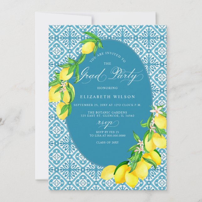 Mediterranean Blue Tiles Lemon Photo Graduation Invitation (Front)